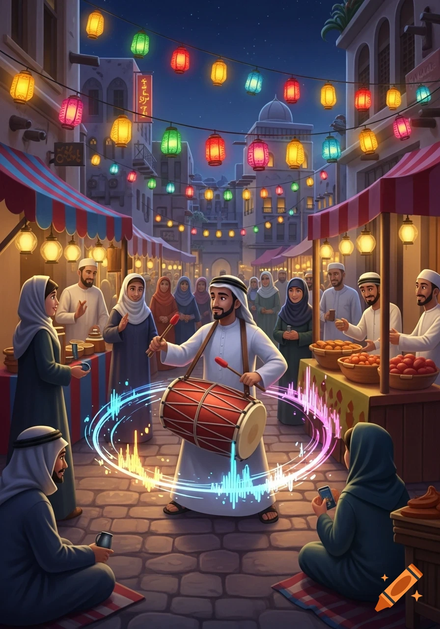 A stylized night market scene with a man playing a drum, surrounded by glowing soundwaves, colorful lanterns, and people.