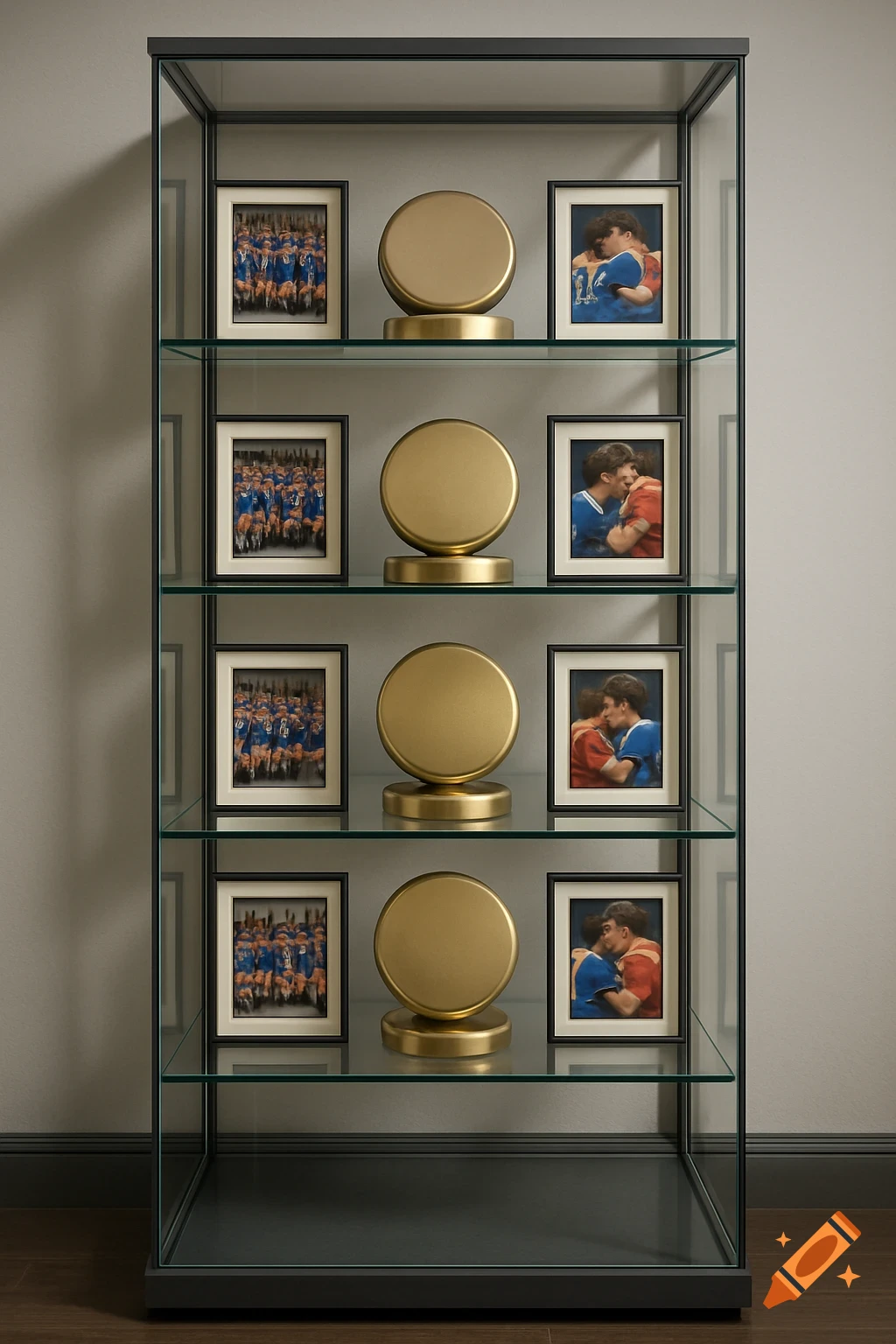 A modern glass display case with four shelves, each holding a gold round trophy and two framed photos of groups and couples.
