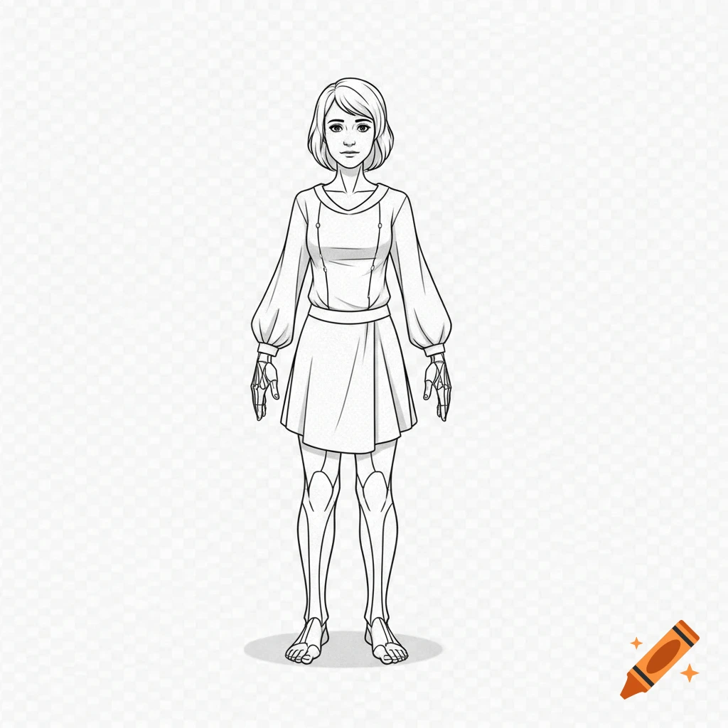 Black and white line art illustration of a female character with short hair, wearing a dress and featuring visible robotic limbs, on a transparent background.