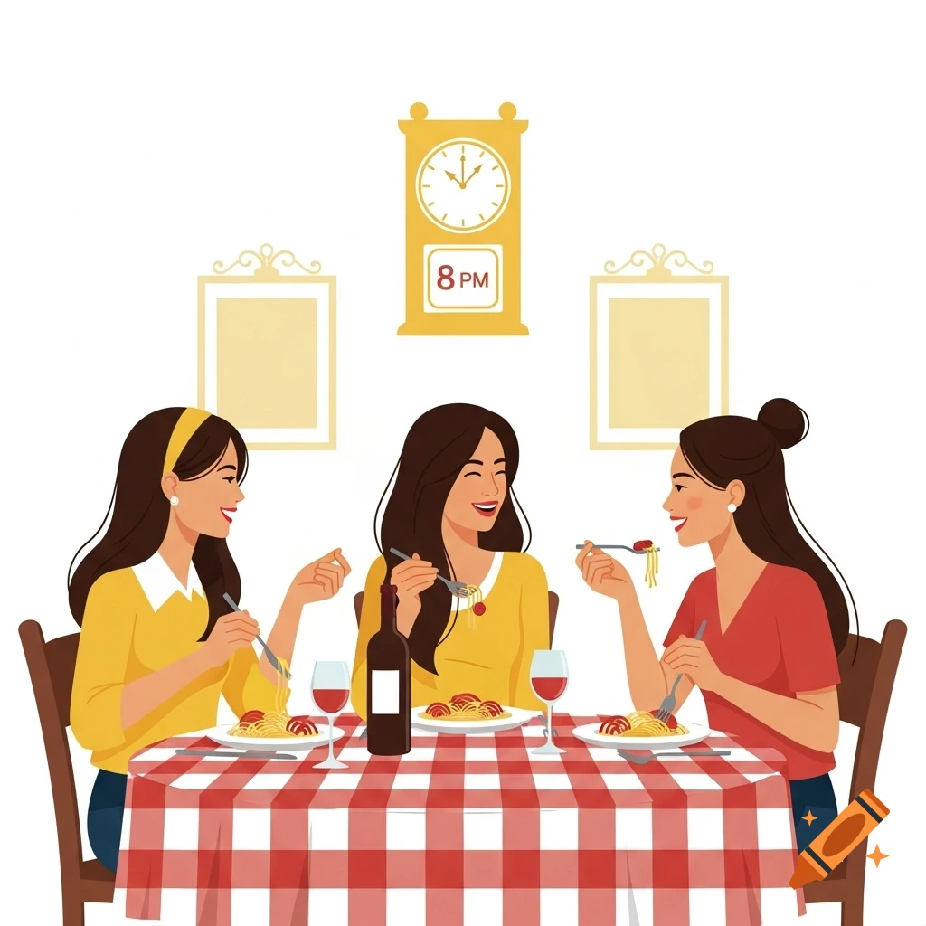 Three friends laughing and eating spaghetti at an Italian restaurant, with a clock showing 8 PM, in an illustration style.