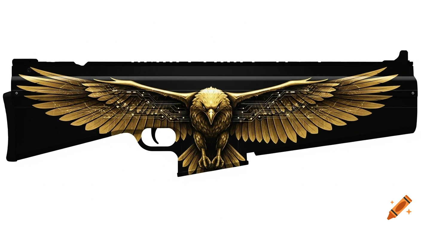 A stylized black weapon skin featuring a spread-winged metallic golden eagle with subtle circuit patterns.