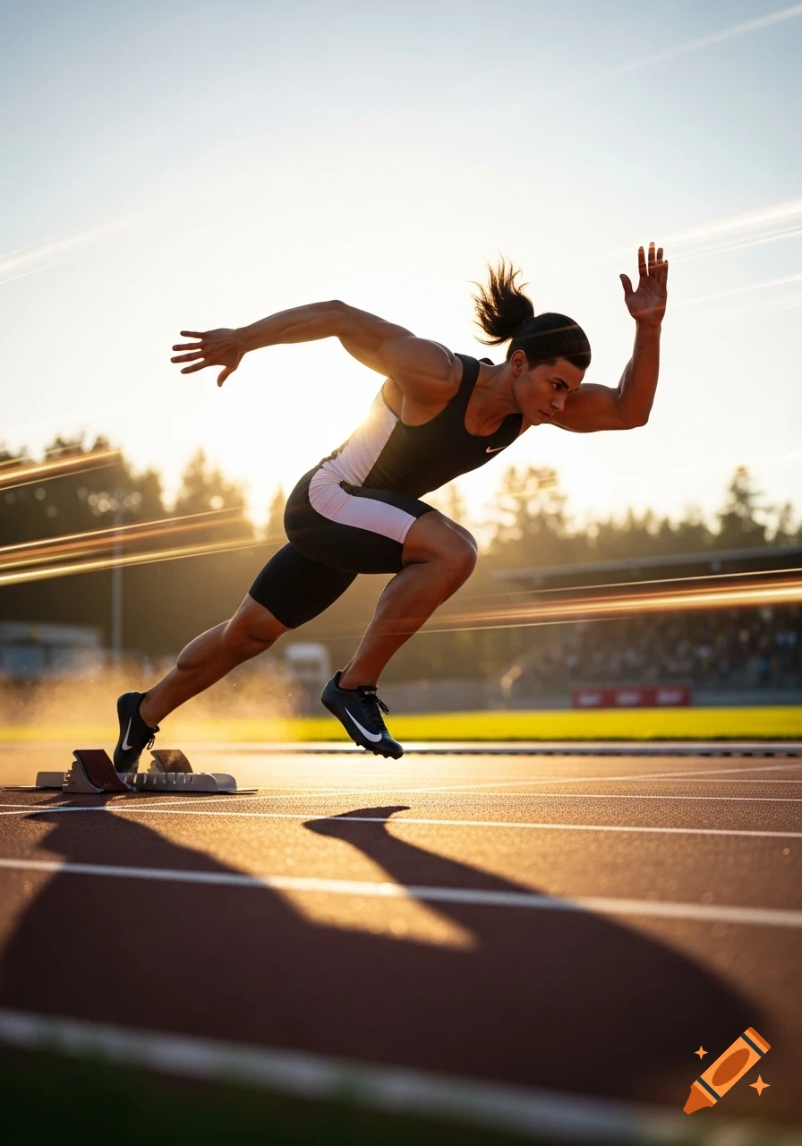 Photorealistic image of a male athlete sprinting from starting blocks on a track at sunset.