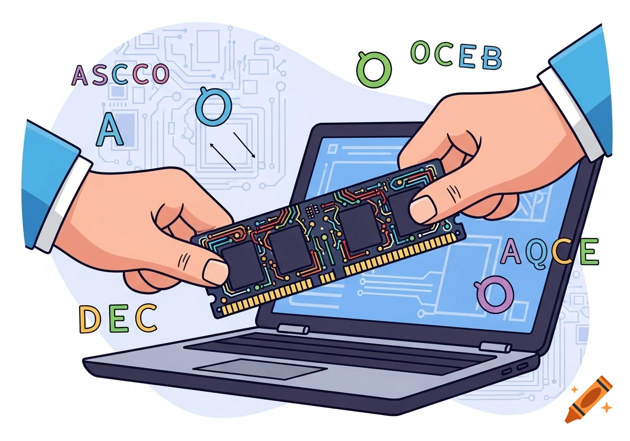 A clipart illustration showing two hands inserting a RAM module into a laptop, against a light blue background with circuit board patterns.