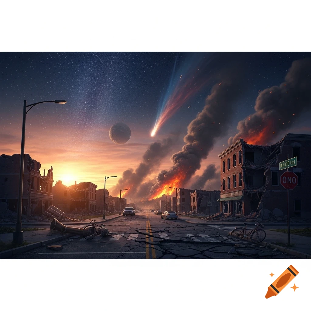A devastated city street at sunset with burning buildings, debris, and cracks in the road, as a comet streaks across the starry sky.