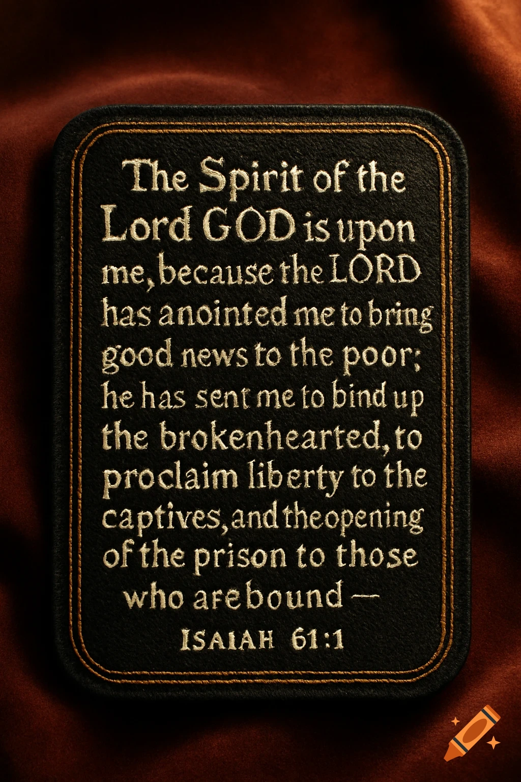 Close-up of a black rectangular textile patch with golden embroidered Bible verse Isaiah 61:1, against a dark reddish-brown fabric background.