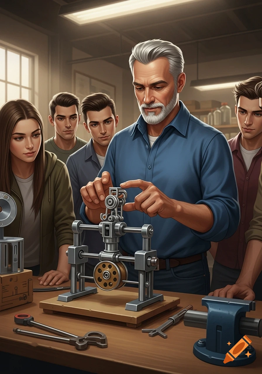 An older man with gray hair and beard demonstrates a mechanical device to a group of younger students in a workshop.