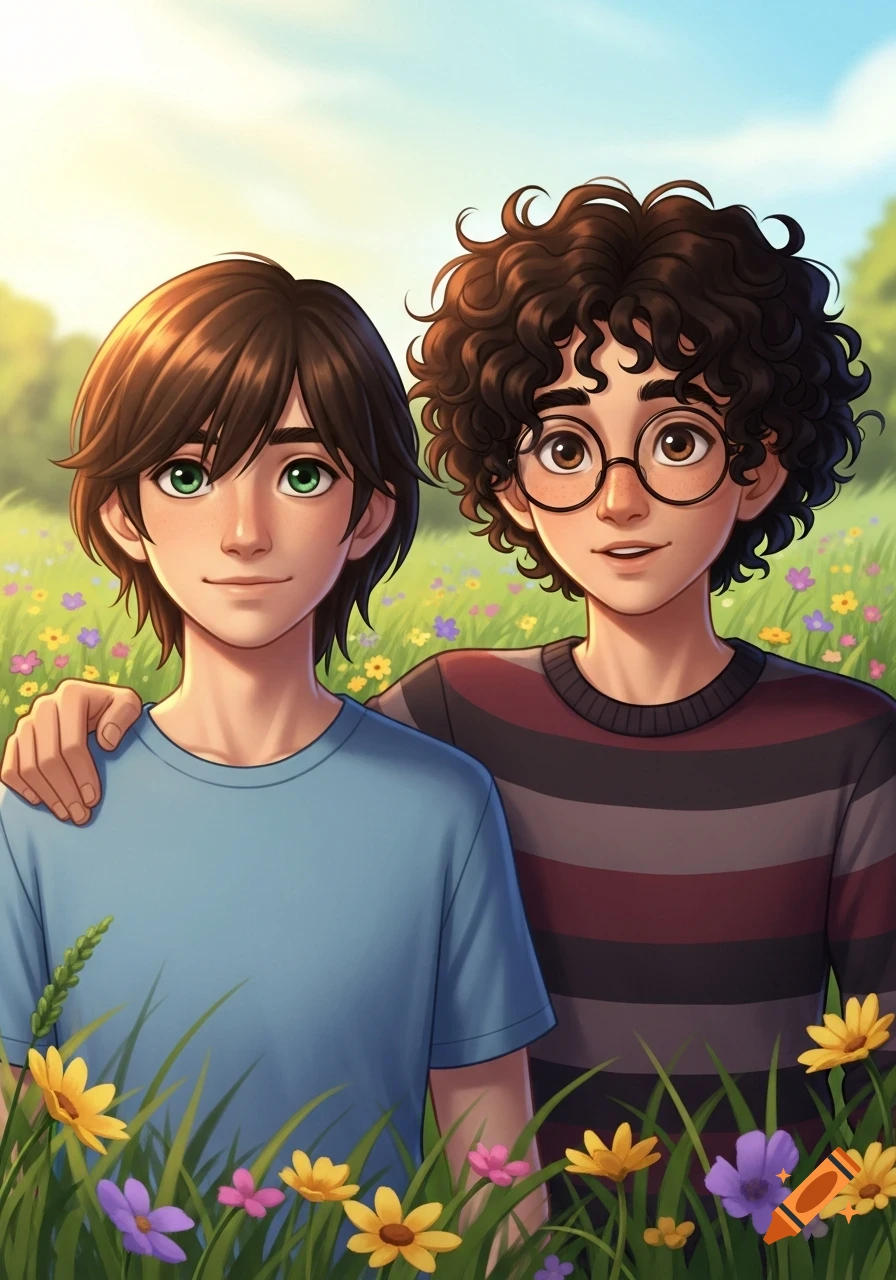 Two animated boys, one with brown hair and green eyes, the other with curly black hair and glasses, stand in a sunny field of wildflowers.
