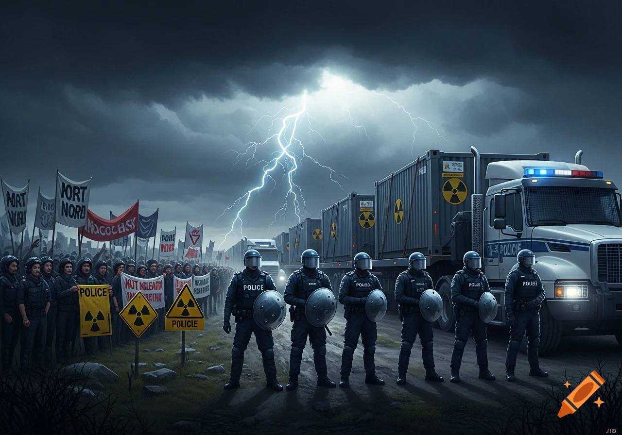 A dramatic photorealistic image of a protest against nuclear waste transport under a stormy sky with lightning. Police officers in riot gear stand in front of trucks carrying radioactive containers, facing a crowd of protesters holding signs and banners.