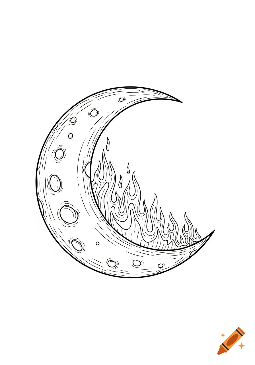 Black and white line art illustration of a crescent moon with flames burning inside it, in a tattoo art style.