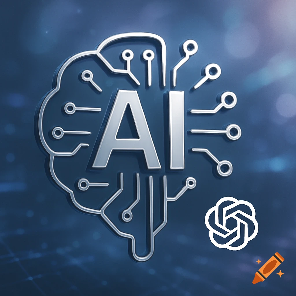 3D metallic 'AI' letters inside a circuit board brain graphic with the OpenAI logo on a blue background.