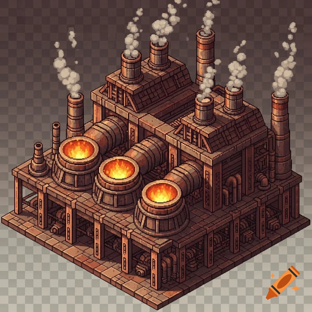 Isometric pixel art of a rusty iron power plant with burning furnaces, multiple smoking chimneys, and a transparent background.