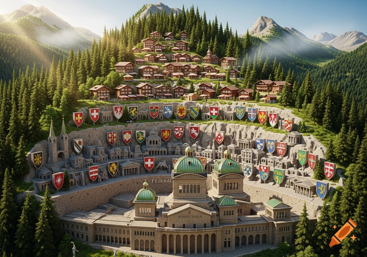 An aerial view of a miniature-like model of the Swiss Federal Palace in a mountainous landscape, surrounded by colorful heraldic shields and a village of traditional chalets nestled in pine forests.