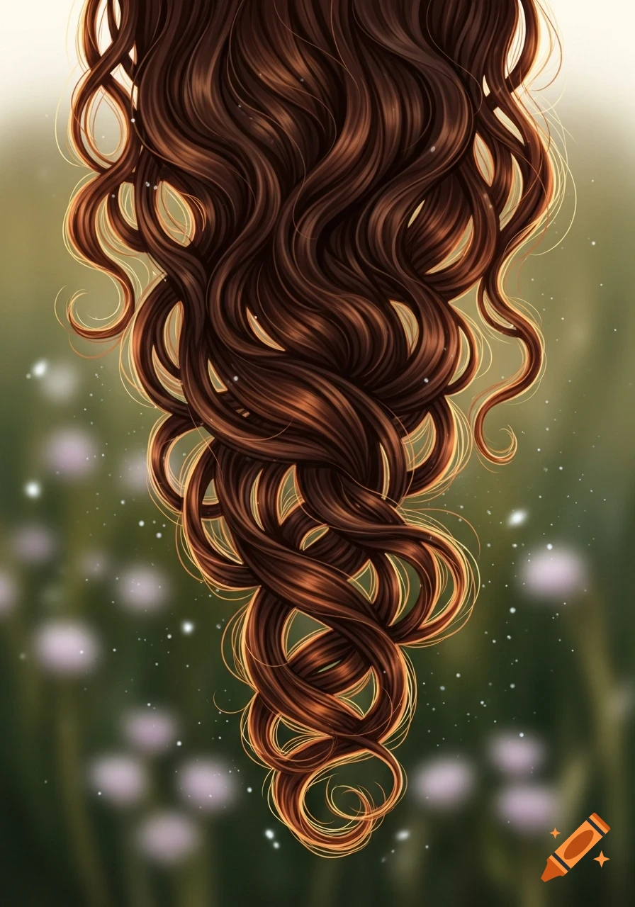 Stylized illustration of flowing dark brown curly hair with golden highlights, set against a blurred green and white background.