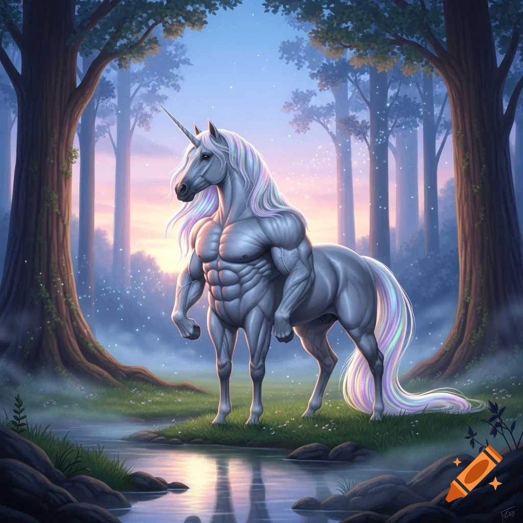 A muscular unicorn with a flowing rainbow mane and tail stands by a calm stream in a magical forest at sunset.