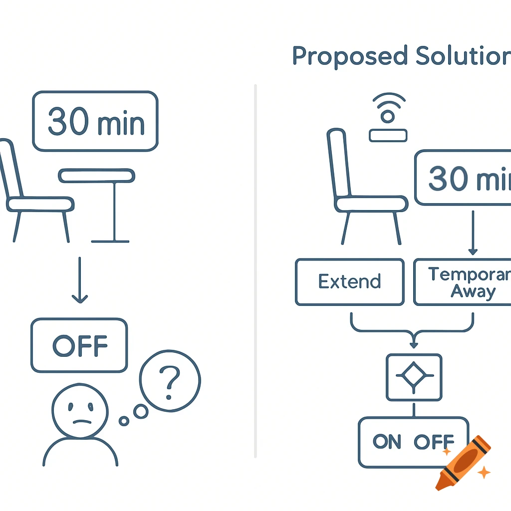 A two-panel diagram contrasting a fixed 30-minute seat timer with a proposed solution for dynamic seat control using a sensor and user options.