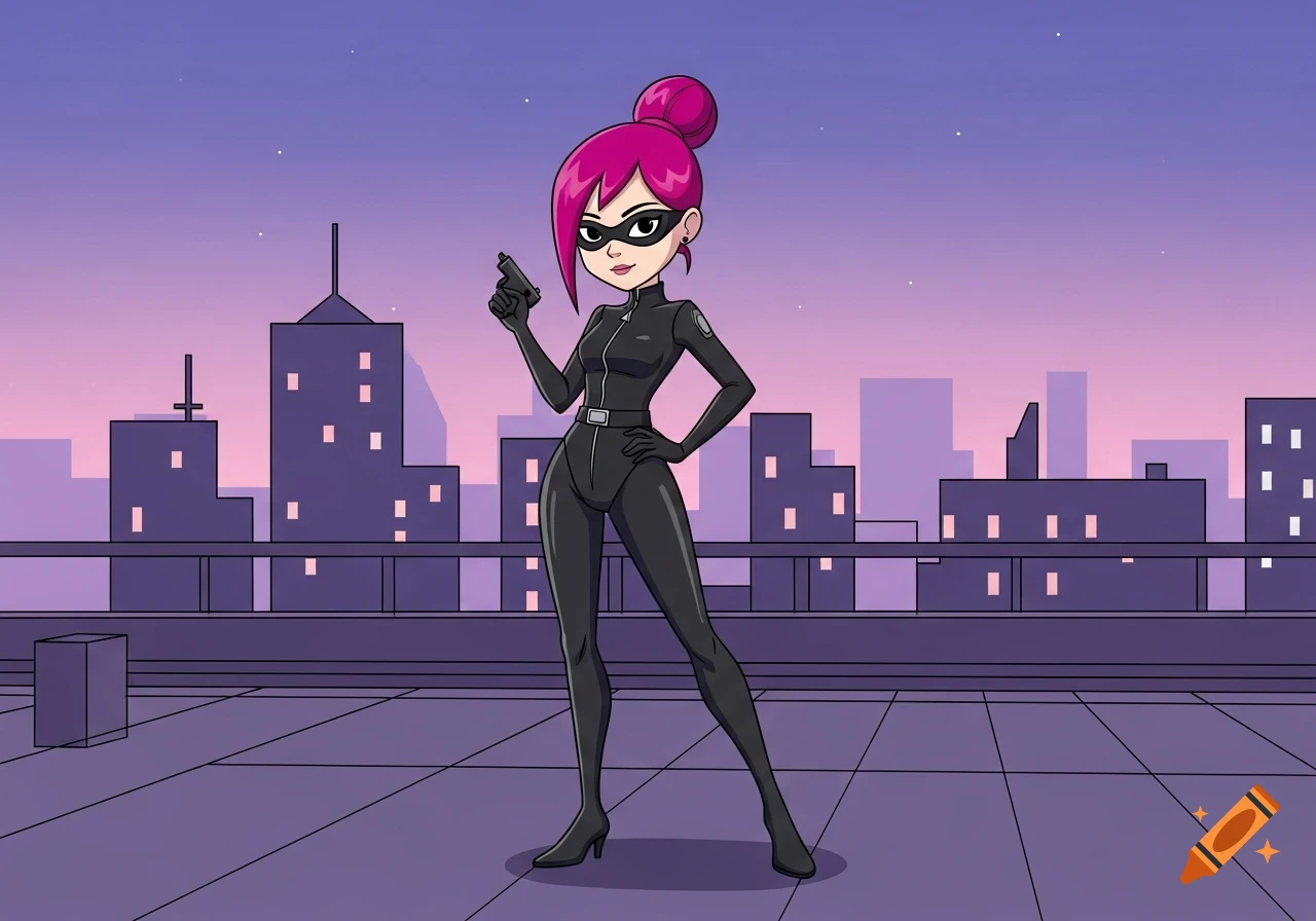 A cartoon spy girl with magenta hair in a bun, black mask, and black suit, holding a gun on a city rooftop at dusk.