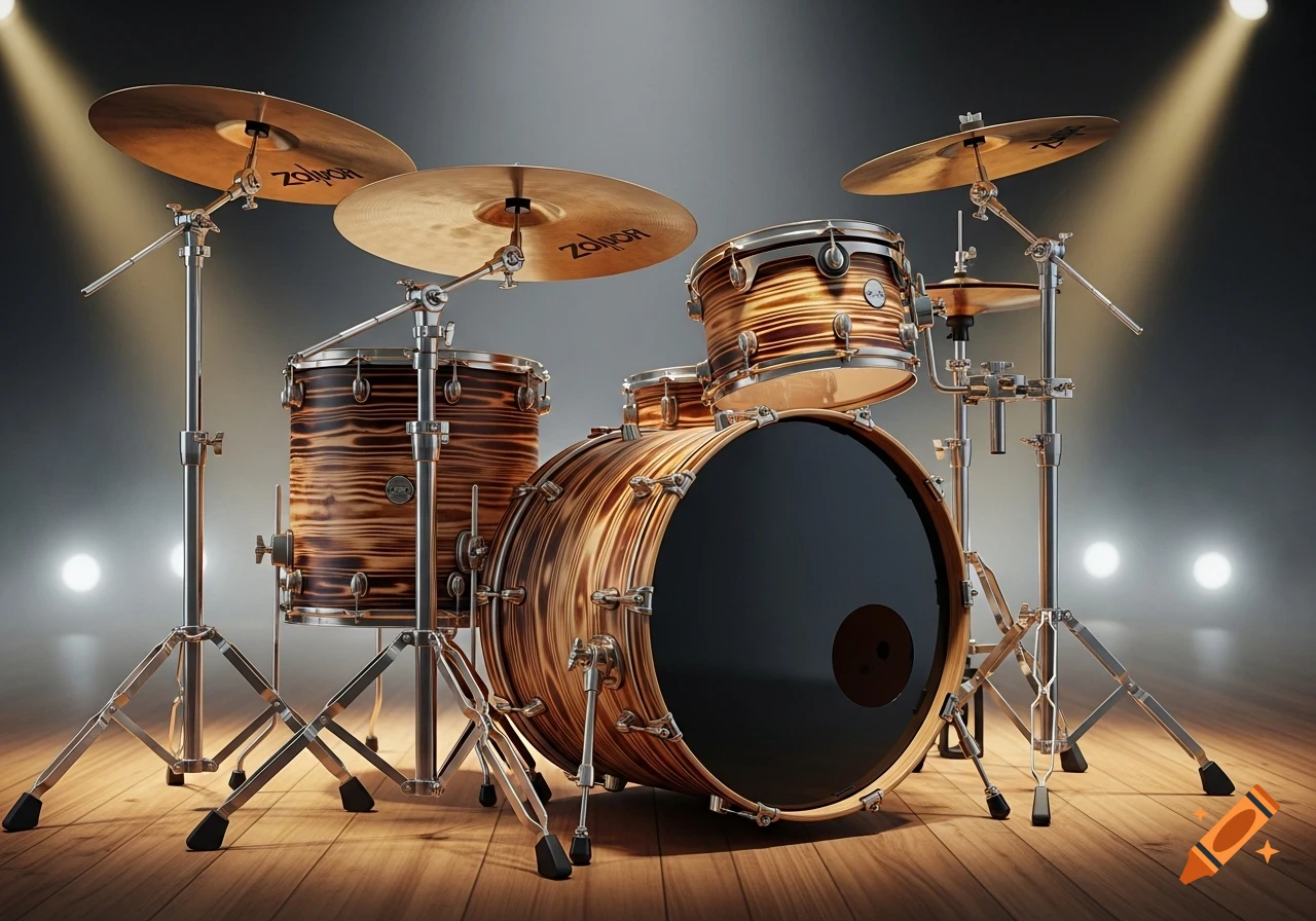A photorealistic drum set with rustic, burned wood shells and Zildjian cymbals, lit by spotlights on a wooden stage.
