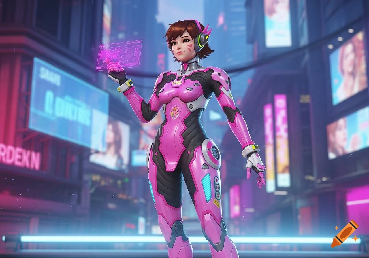 D.Va from Overwatch in a pink and black mech suit holding a glowing tablet in a futuristic city.