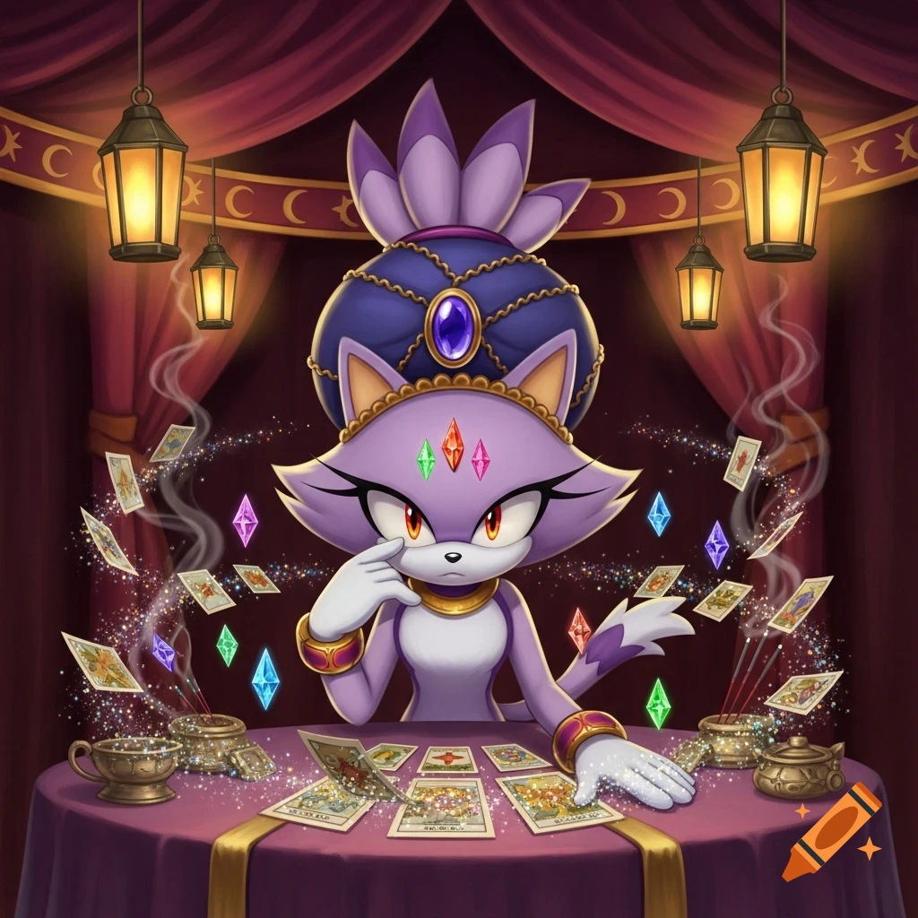 Blaze the Cat as a fortune teller, wearing a turban, sitting at a table with tarot cards and glowing gems.