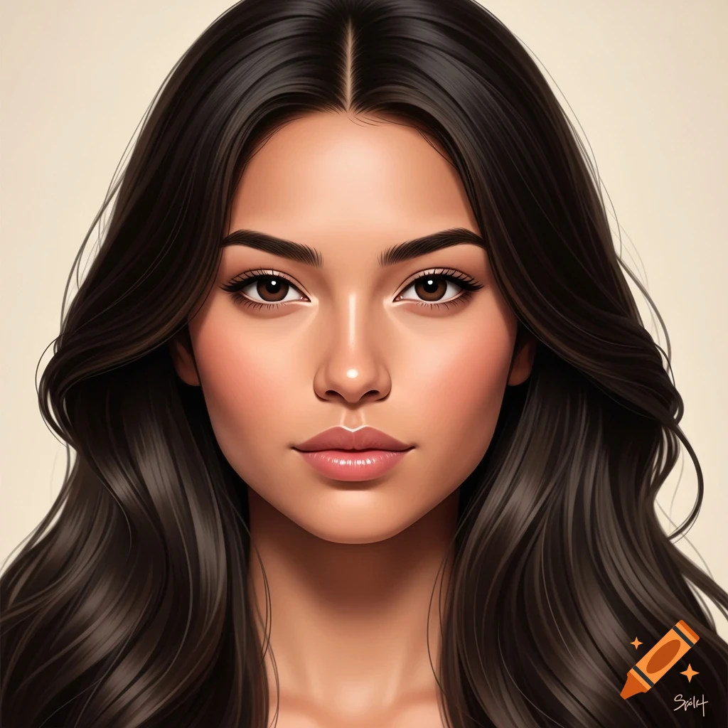 A photorealistic portrait of a young Latina woman with dark wavy hair and brown eyes, looking directly ahead.