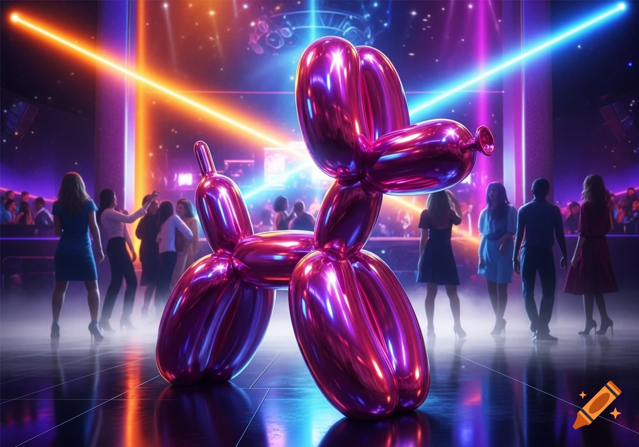 A shiny metallic purple balloon dog stands on a reflective floor in a neon-lit nightclub, with blurry dancing people in the background.