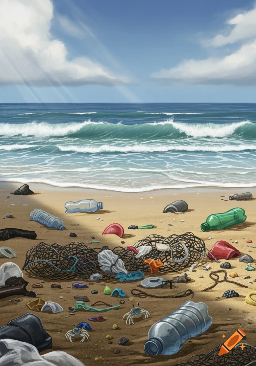 A polluted sandy beach with plastic bottles, fishing nets, and various trash washed ashore from the ocean under a blue sky.