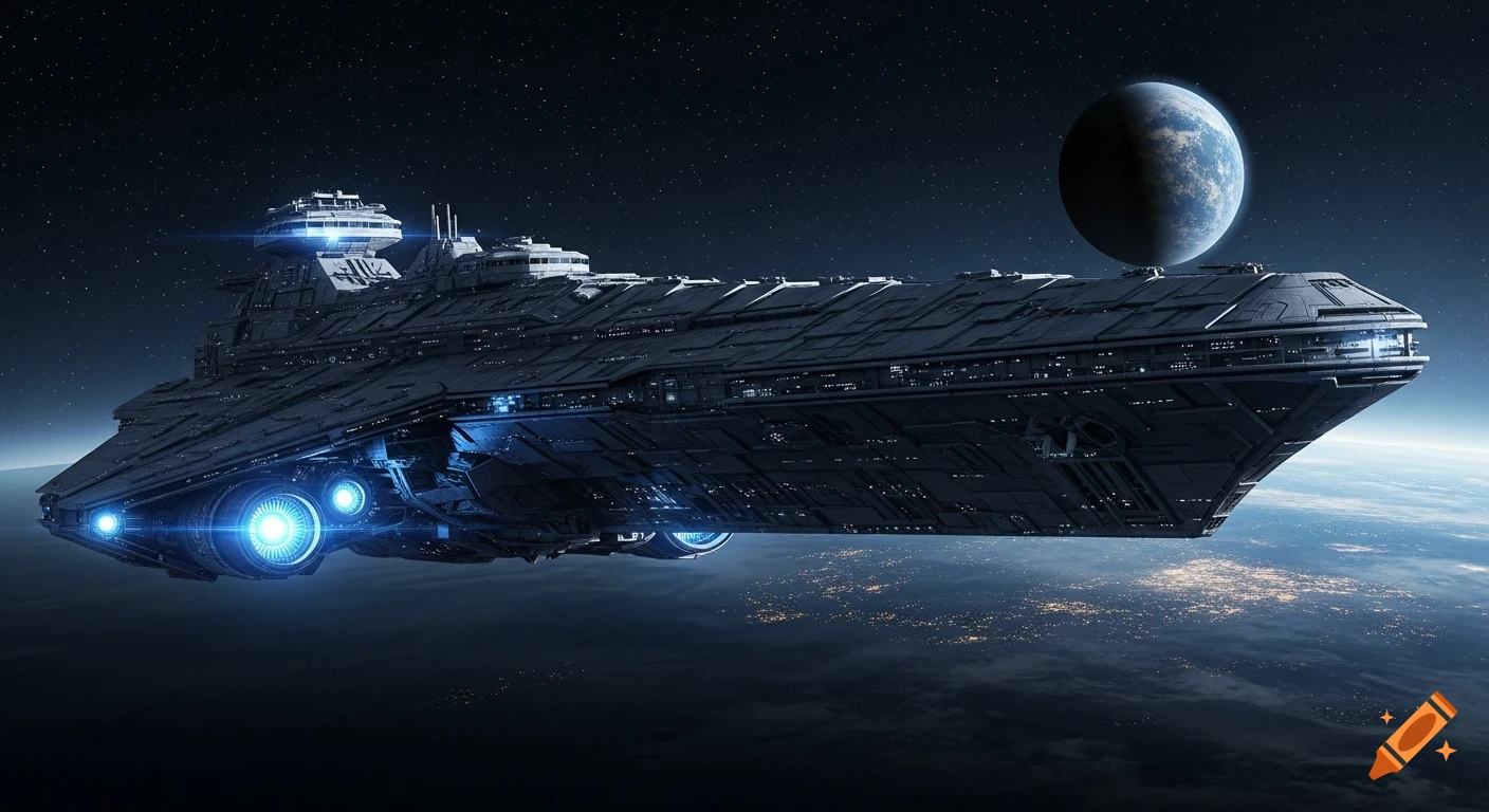 A massive, highly detailed dark metallic star cruiser with glowing blue engines orbits a planet in space under dramatic lighting.