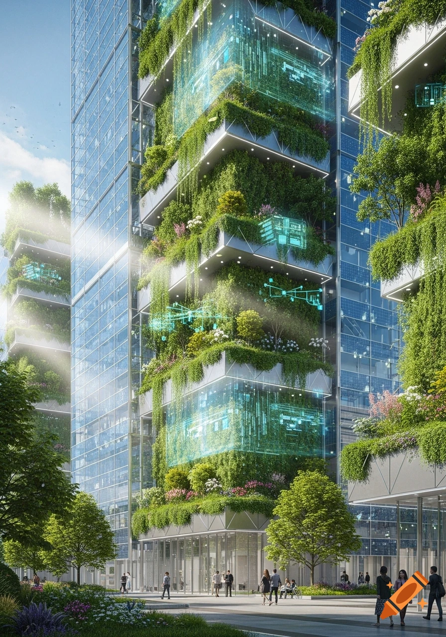 Photorealistic rendering of a futuristic green skyscraper covered in lush plants and glowing digital screens, with people walking below.