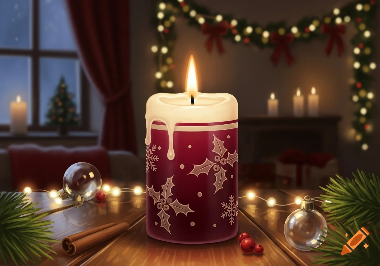 A lit red Christmas candle with holly and snowflake patterns, melting wax, on a wooden table with string lights, pine needles, and berries, in a warm, festive room.