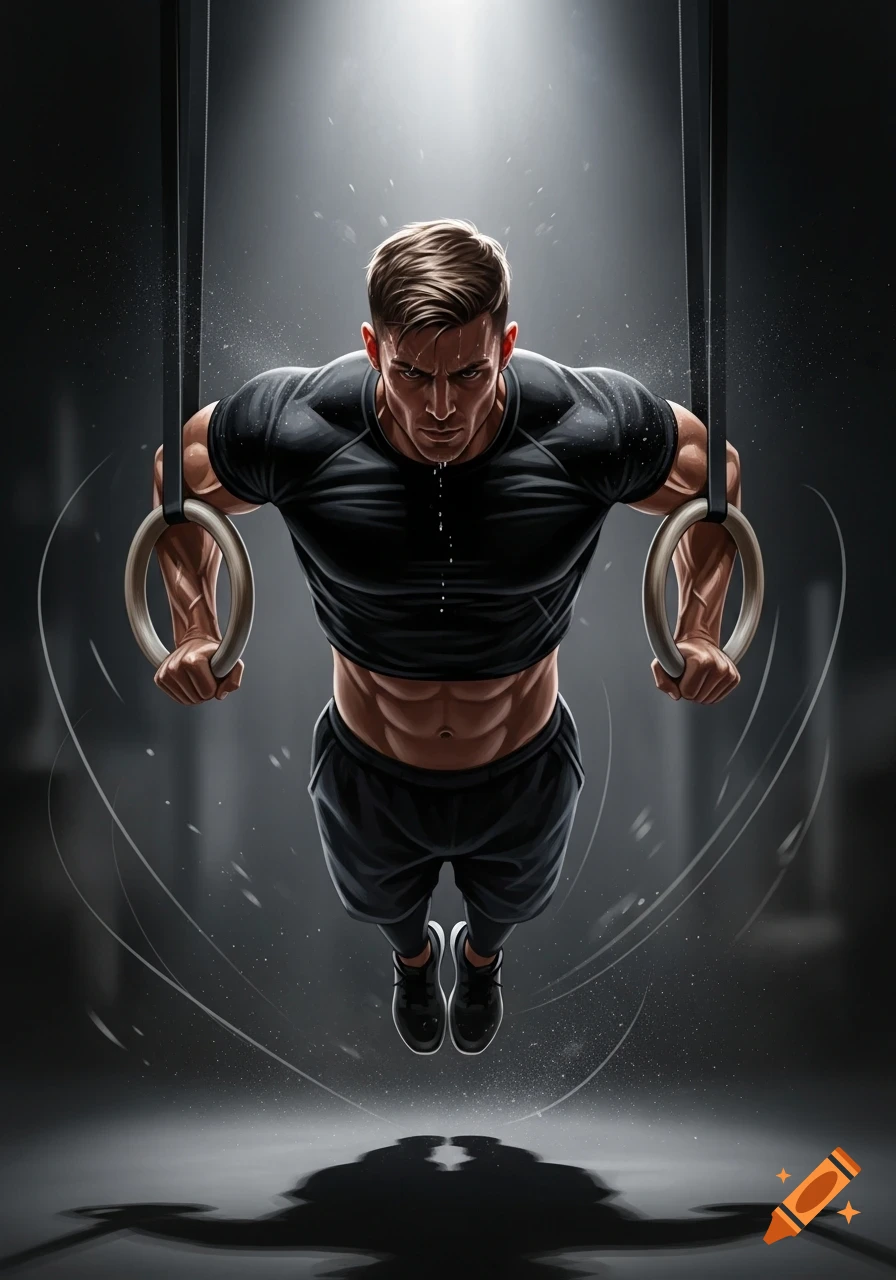 A muscular man performing an iron cross on gymnastic rings, with dramatic lighting highlighting his intense expression and physique.