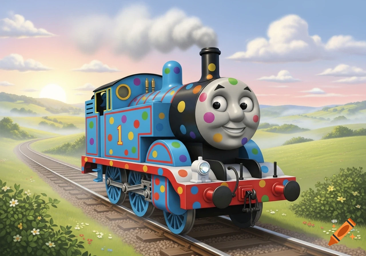 A cheerful Thomas the Tank Engine, covered in colorful polka dots, rides on train tracks through a vibrant green, hilly landscape under a cloudy sky.