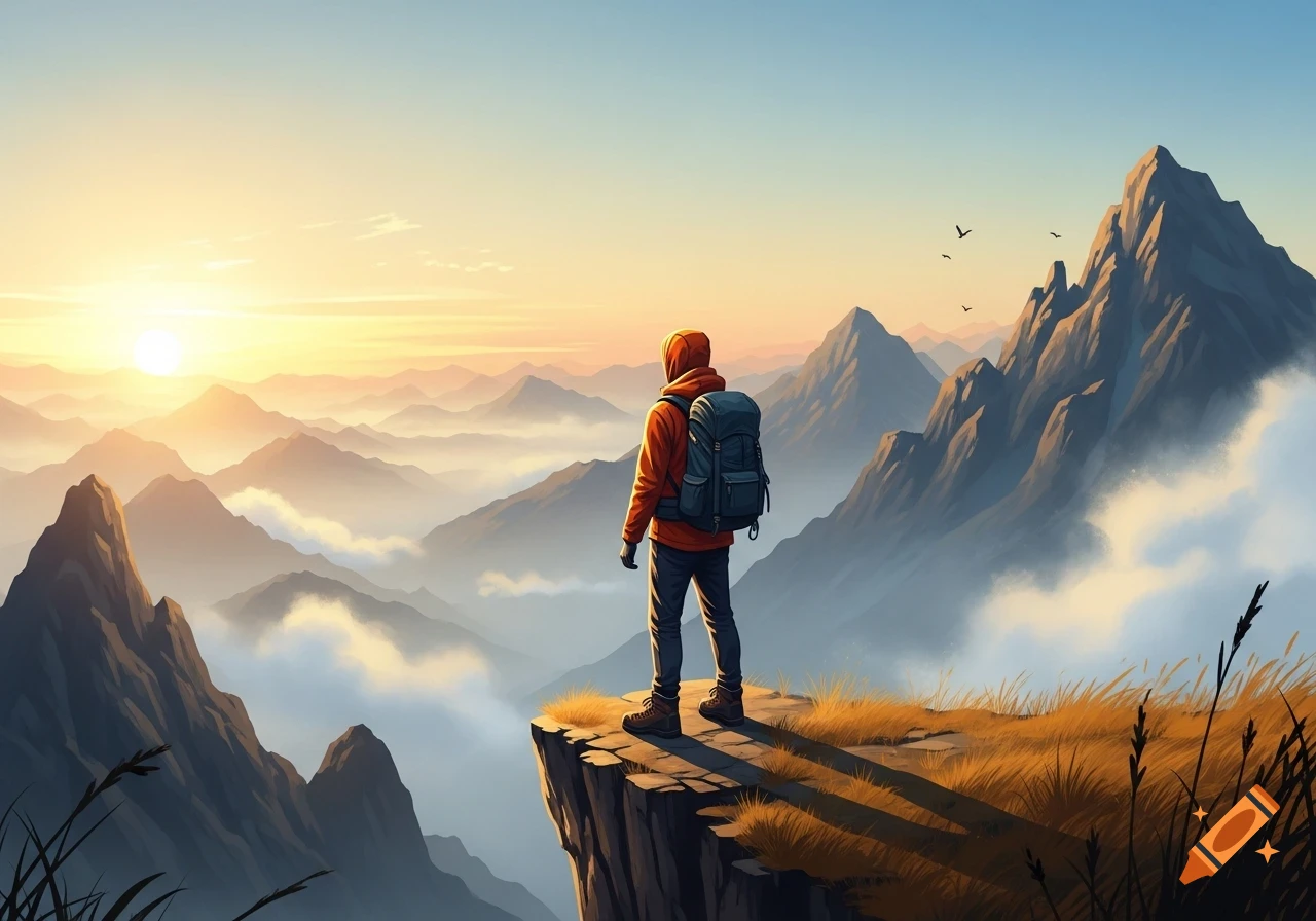 A lone hiker with a backpack stands on a cliff edge, overlooking a vast misty mountain range at sunrise in an illustrative style.