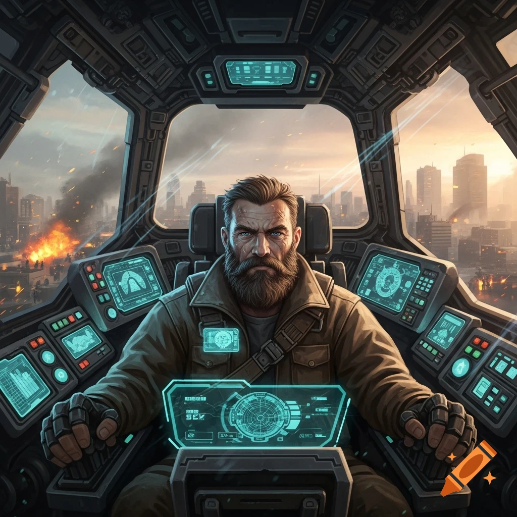 A serious bearded mech pilot in a futuristic cockpit overlooks a burning cityscape at sunset, with holographic displays glowing.
