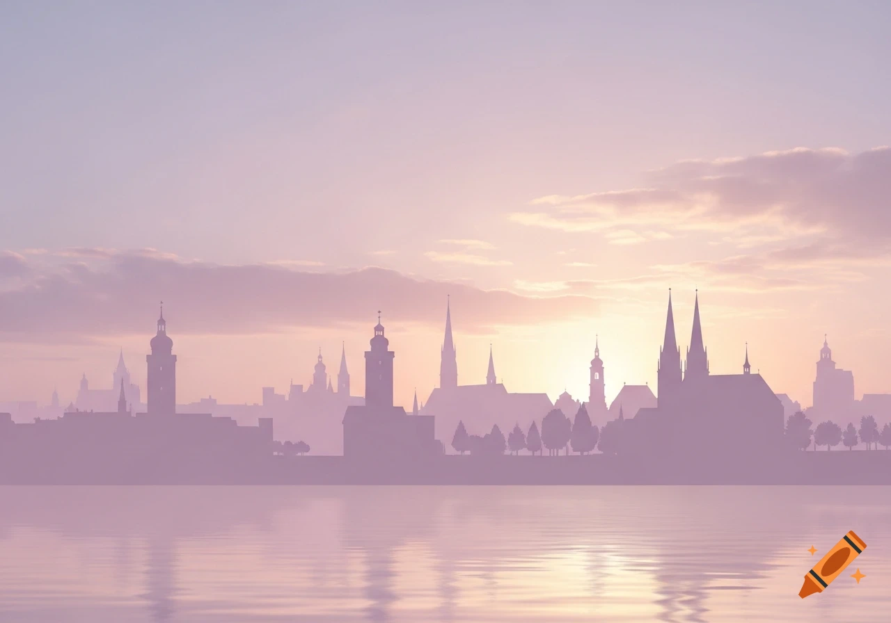Pastel silhouette of a city skyline with prominent spires and towers reflected in water at sunset.