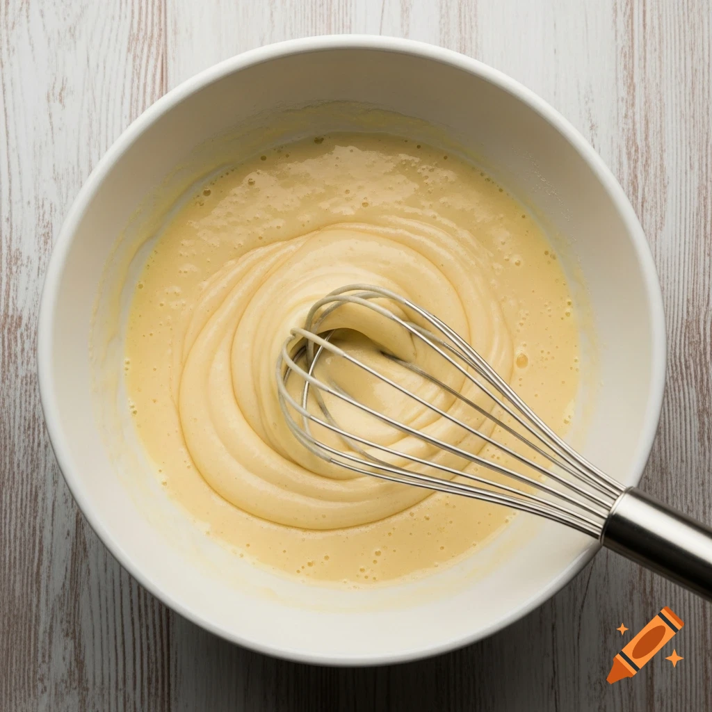 A metal whisk mixes smooth, light yellow batter in a white bowl on a light wooden surface, viewed from above.