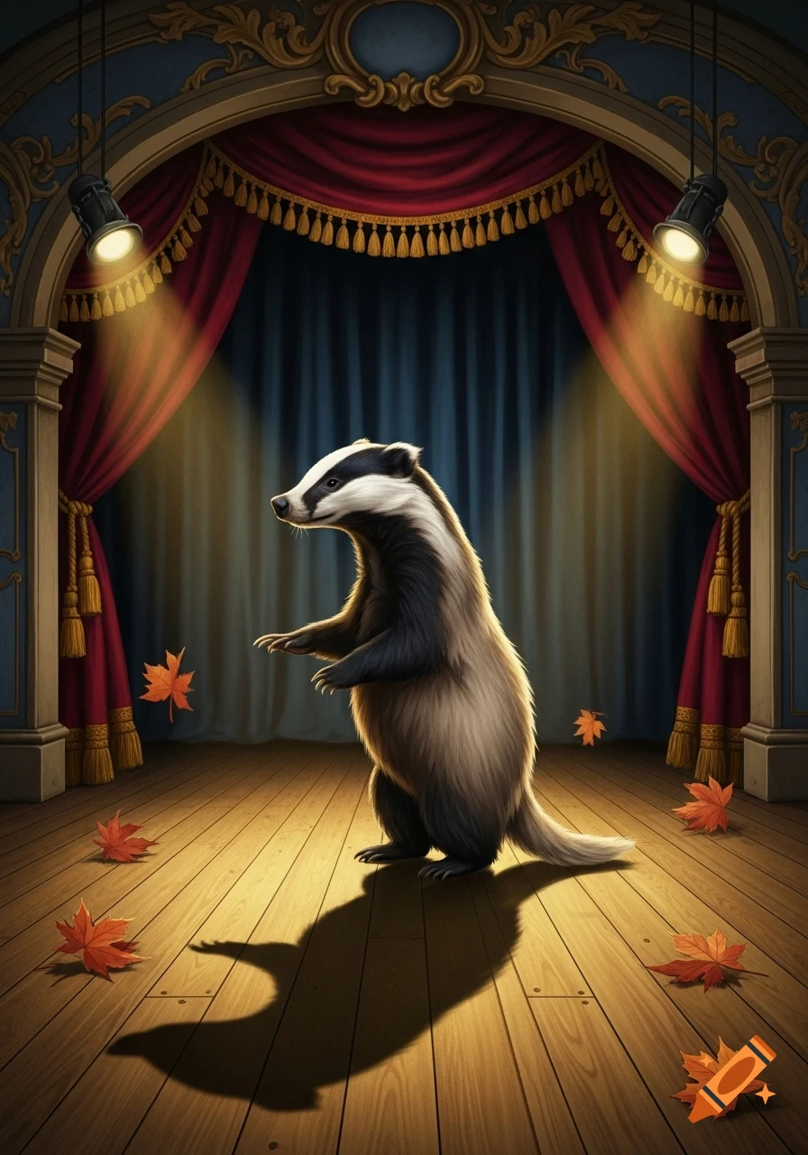 An illustration of a badger standing upright on a spotlight-lit wooden theater stage with red and blue curtains and scattered autumn leaves.