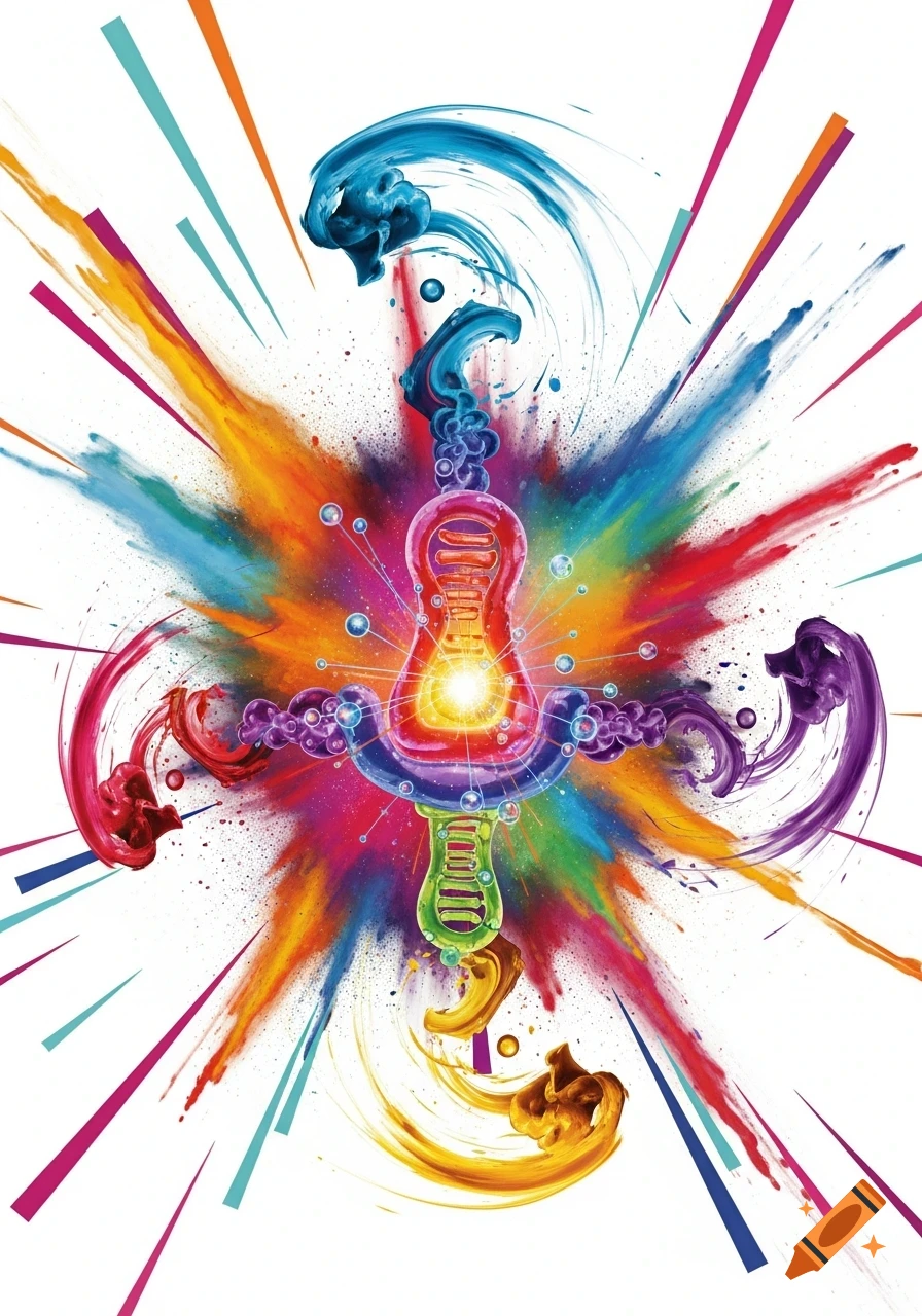 Abstract illustration of a glowing, colorful DNA-like structure at the center of a vibrant pigment explosion, with particles and swirling elements against a white background.
