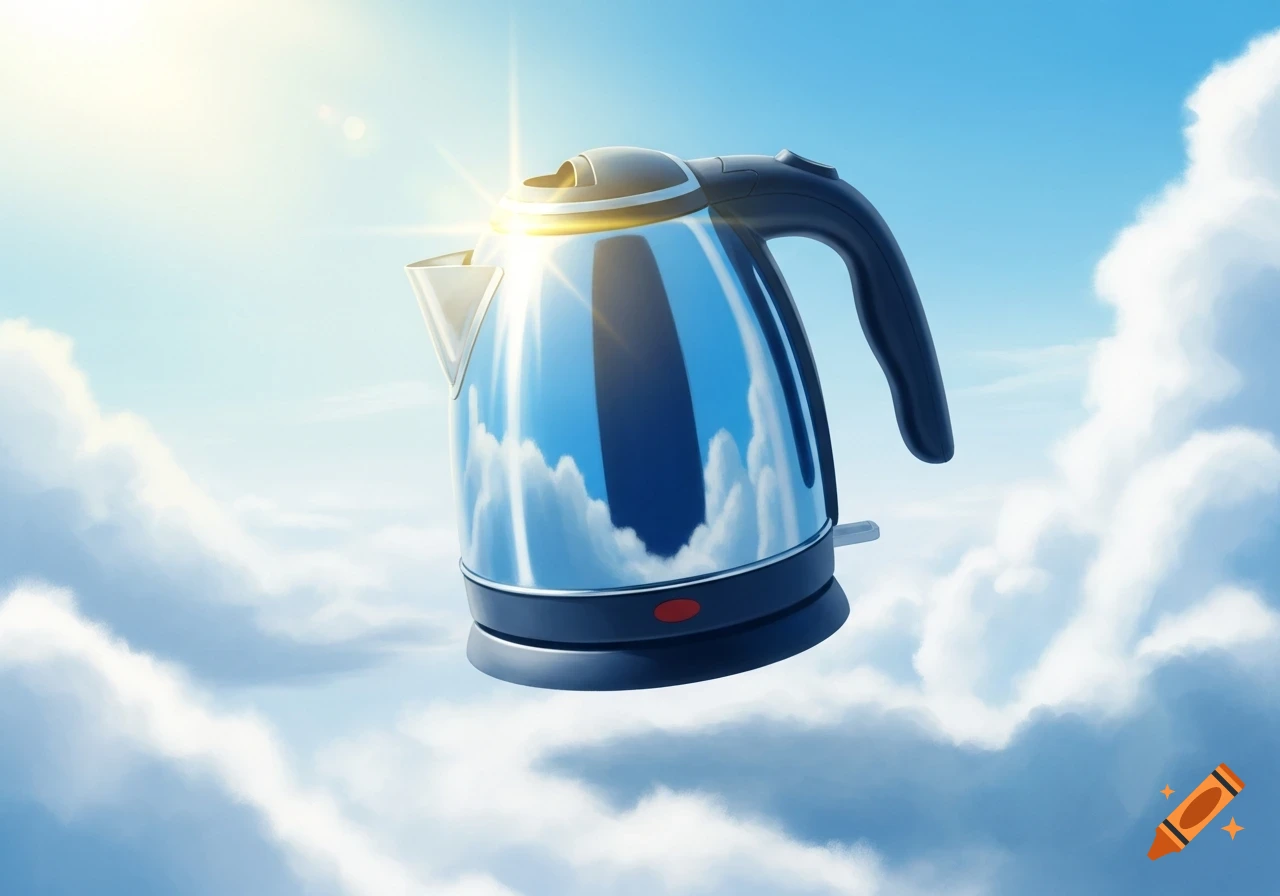 A shiny blue electric kettle floats in a bright blue sky filled with white clouds and sunlight.