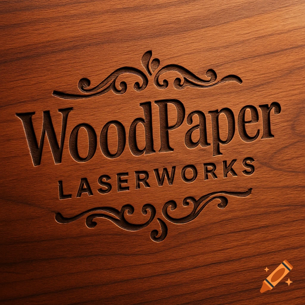 A logo for 'WoodPaper LASERWORKS' carved into a textured, rich brown wooden surface, framed by decorative swirls.