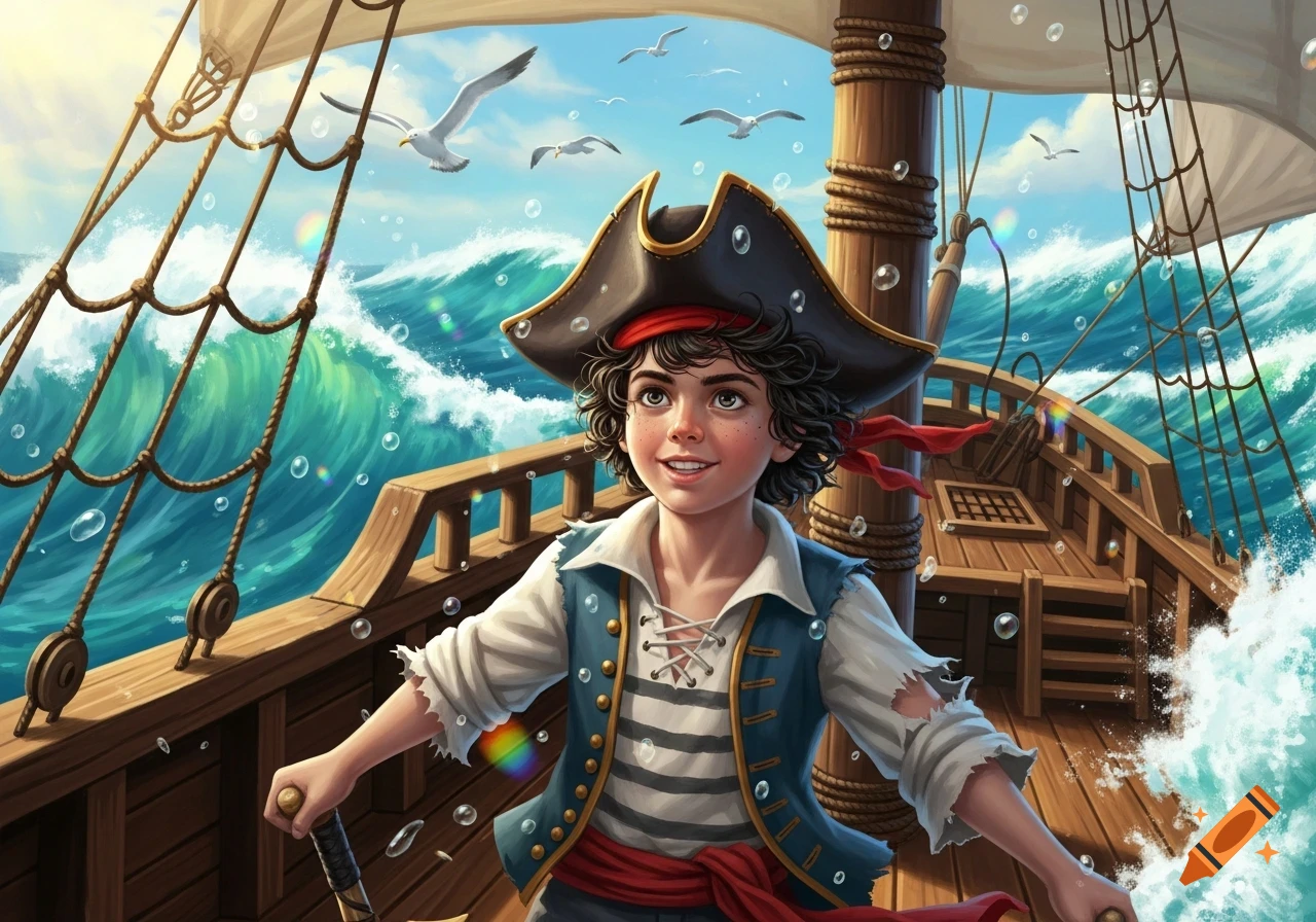 A smiling young boy in a pirate costume on a ship, surrounded by large ocean waves and seagulls, in an illustration style.