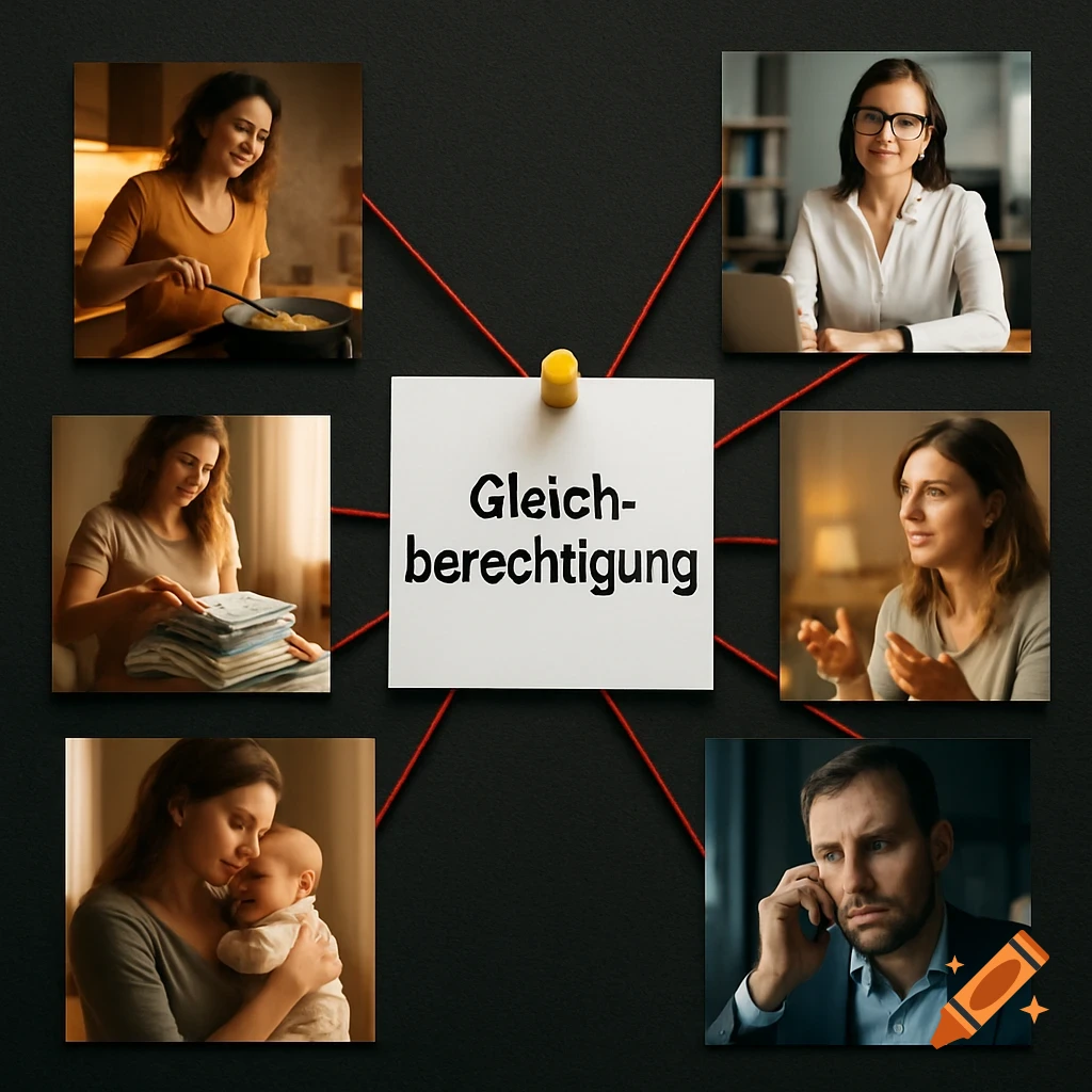 A black pinboard with a central note reading "Gleichberechtigung" (Equality), surrounded by six images of people in daily life and work scenes.