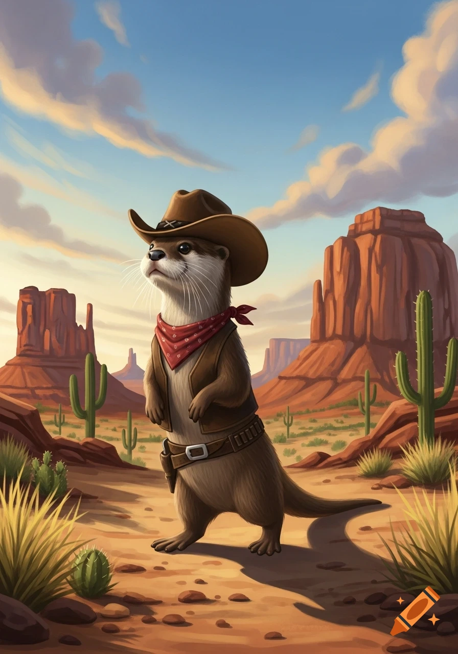A cartoon otter dressed as a cowboy with a hat and bandana, standing in a desert landscape with mesas and cacti.