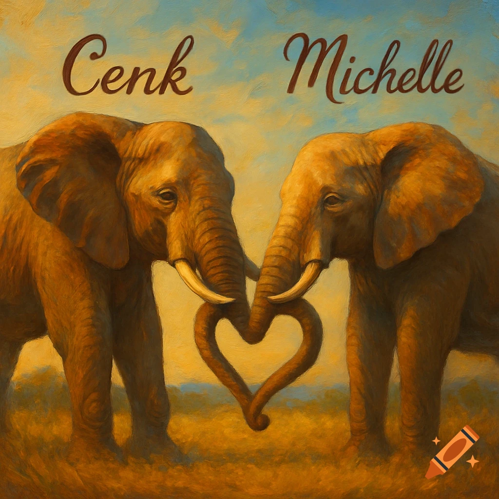 Oil painting of two elephants, 'Cenk' and 'Michelle' above them, forming a heart with their trunks against a warm, painterly sky.