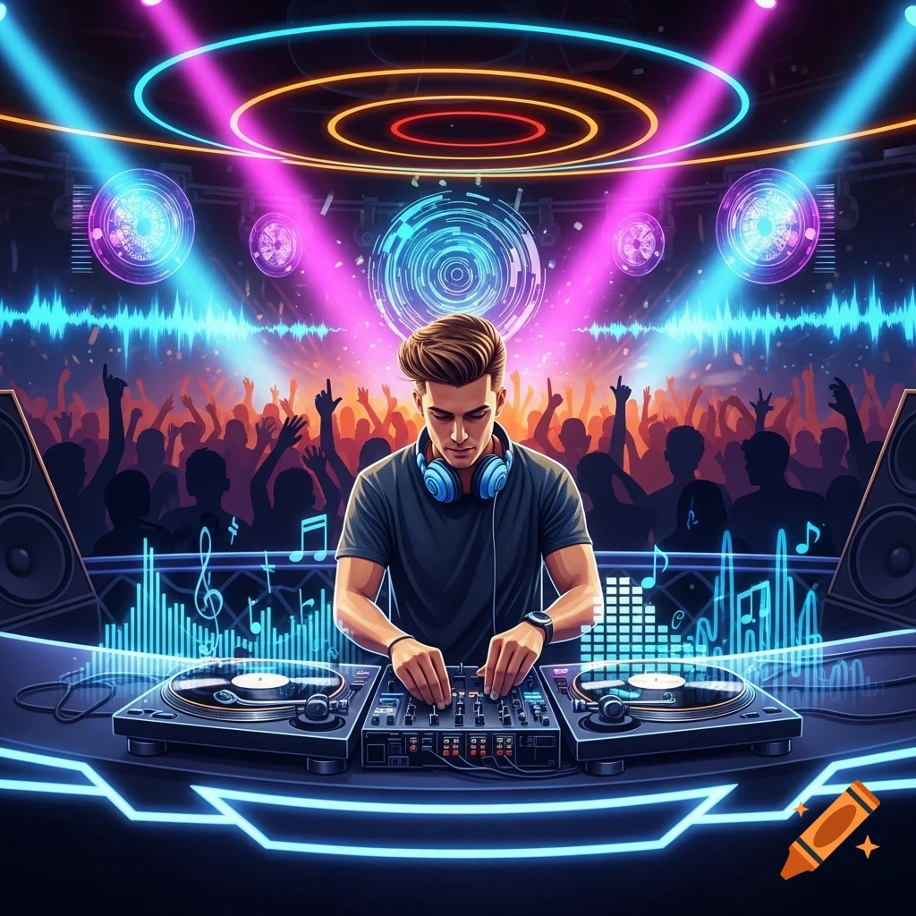 A male DJ in a neon-lit nightclub, wearing headphones and mixing music on a console, with a silhouetted crowd dancing in the vibrant background.