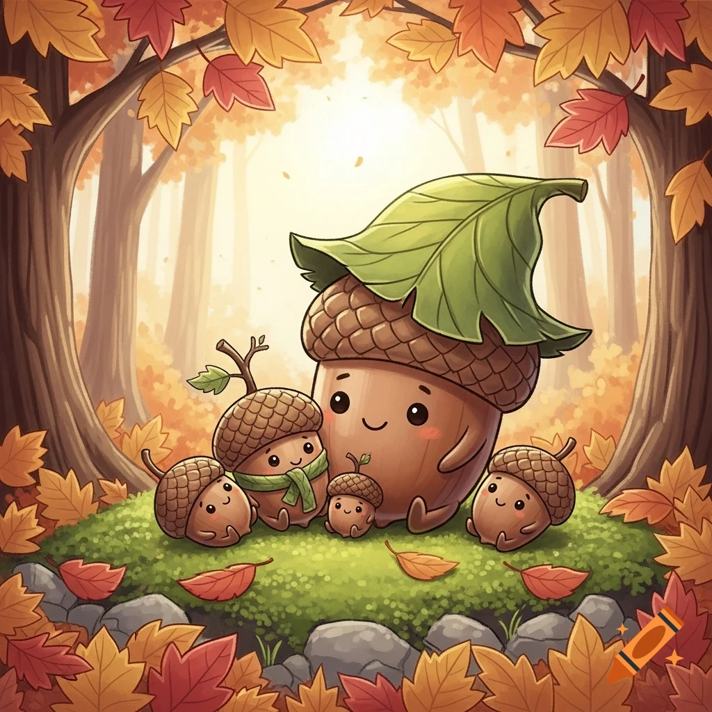 A whimsical illustration of a large acorn with a leaf hat and smaller acorns with smiling faces, surrounded by autumn leaves in a forest.