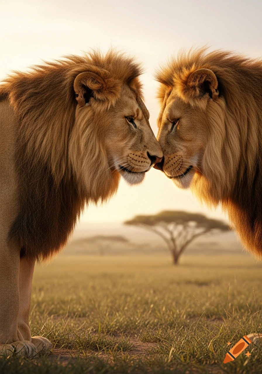 Two majestic male lions gently nuzzle each other in a sunlit savannah at sunrise, with an acacia tree in the background.