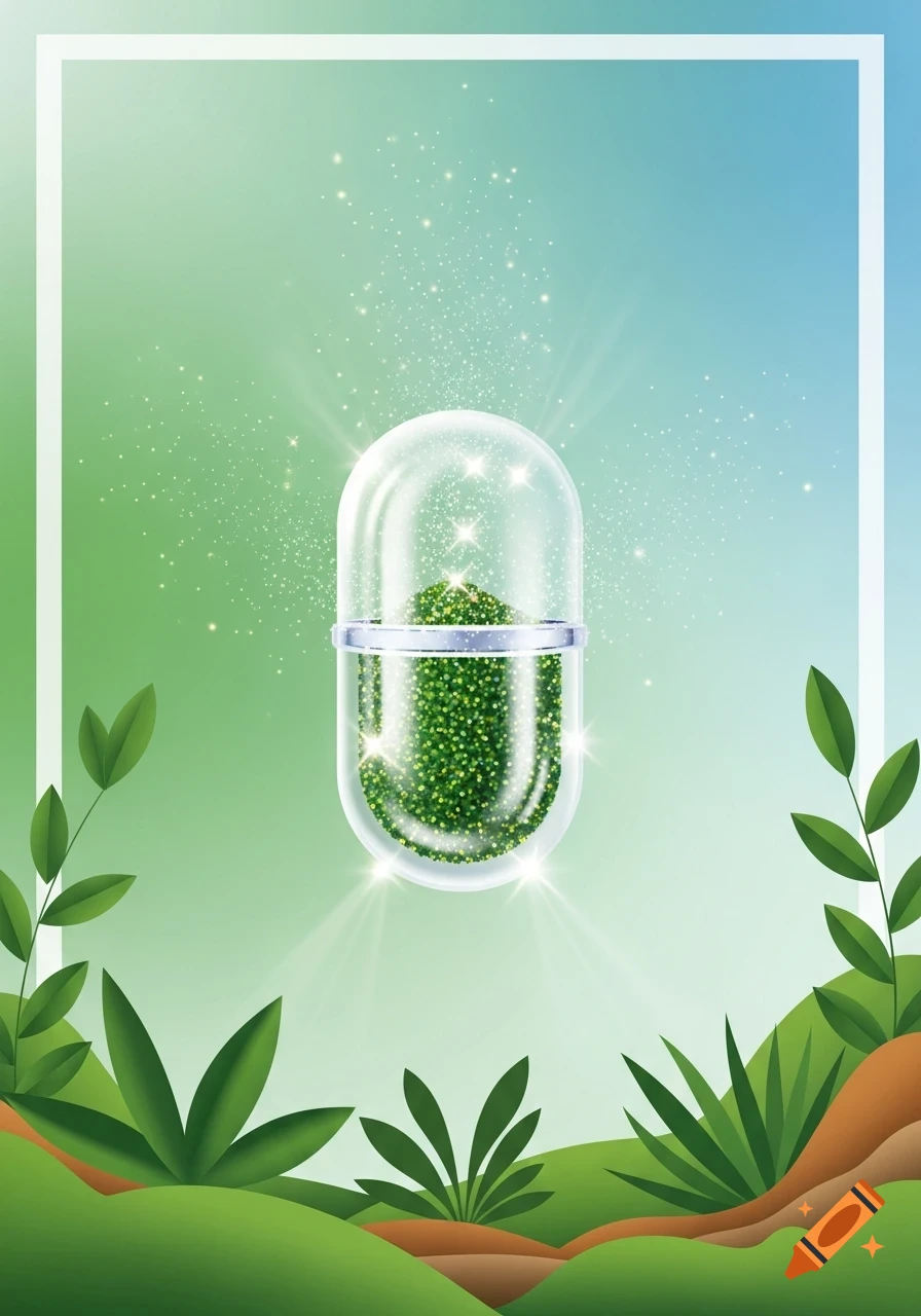 A clear capsule filled with green glitter-like substance, surrounded by lush green plants on a green and blue gradient background, with sparkling lights.