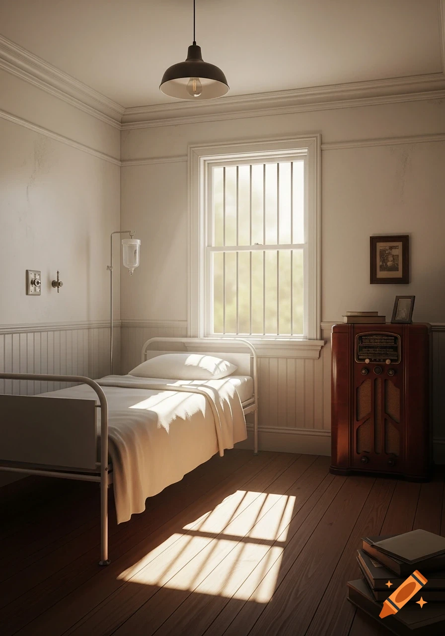 A dimly lit old hospital room with a metal bed, barred window, IV stand, and vintage radio on a wooden floor, sunbeams through window.