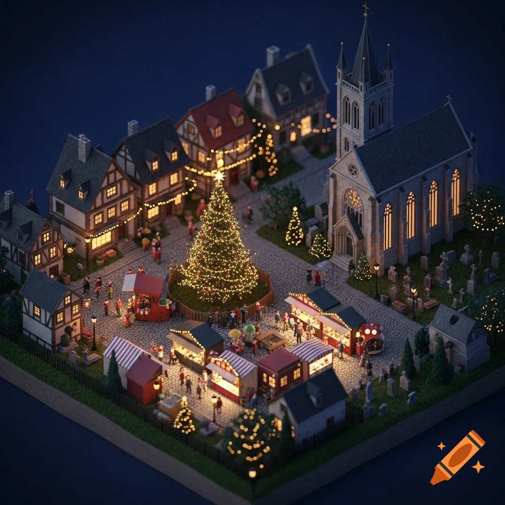 An aerial tilt-shift view of an isometric miniature village at night, featuring a bustling Christmas market, a brightly lit Christmas tree, and a gothic church with a cemetery, all illuminated by festive lights.