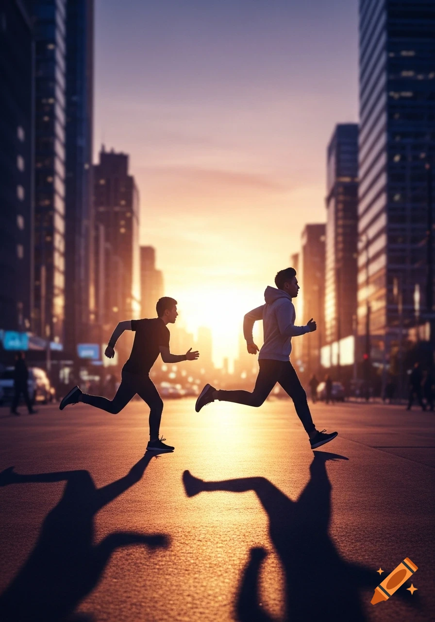 Two men run on a city street at sunset, casting long shadows against blurred buildings.